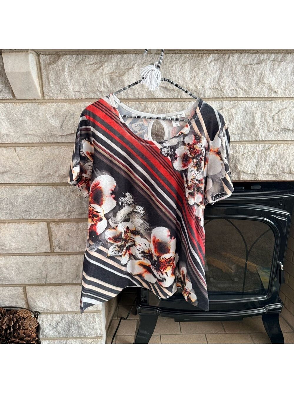 Christopher & Banks Black Red Floral Striped short sleeve Top XL